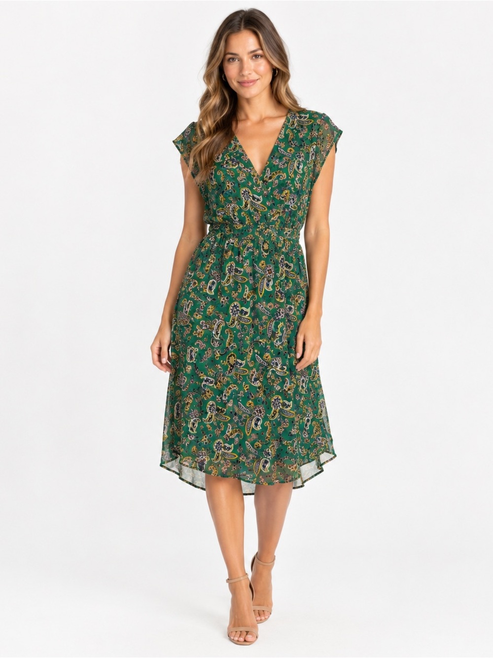 DR2 by Daniel Rainn Green Paisley V-Neck Tie Waist Dress